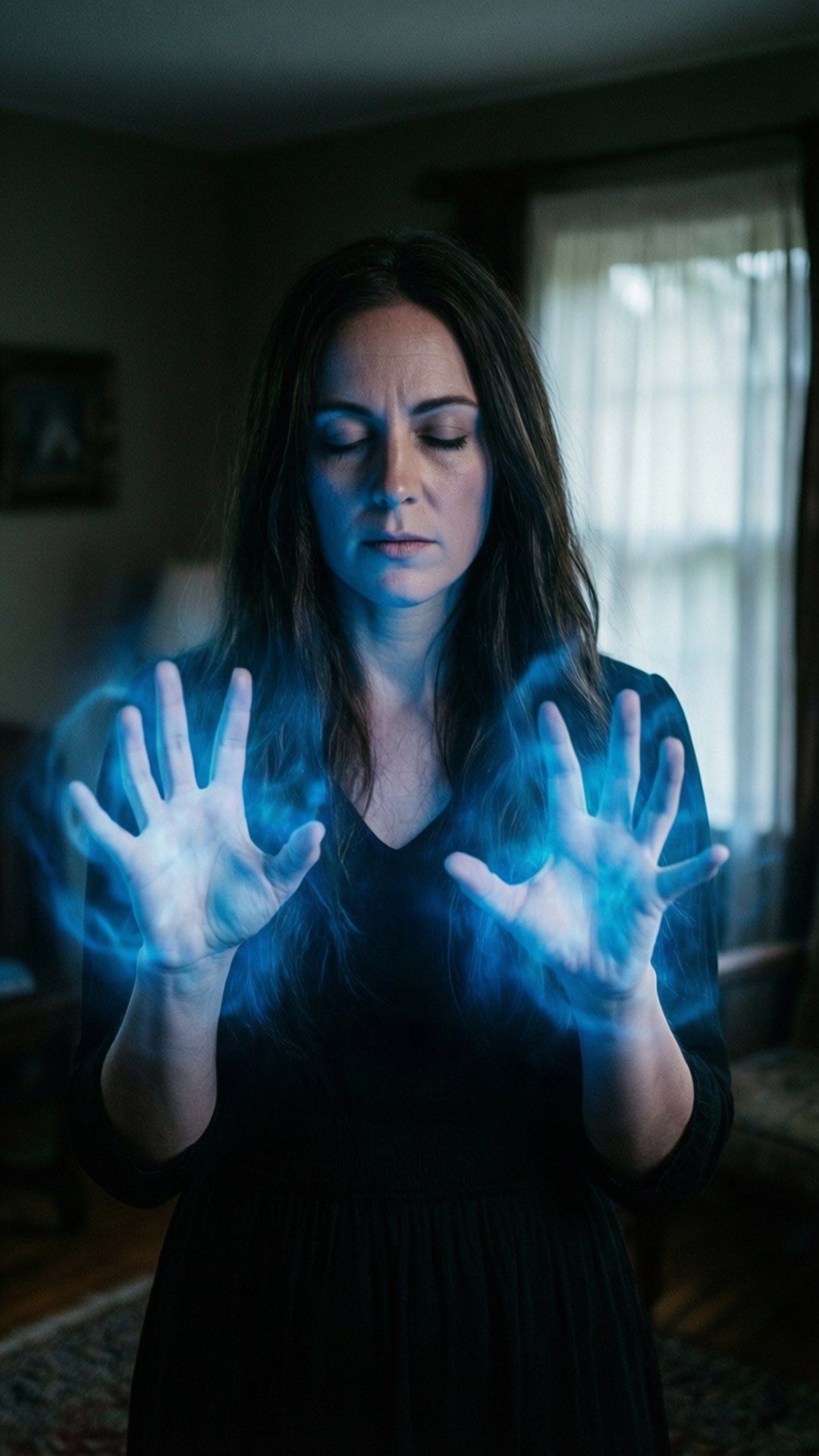 Insidious 桌布 壁紙 — 一個閉著眼睛的女人在光線昏暗的房間裡，從她伸出的雙手中投射出發光的藍色能量。