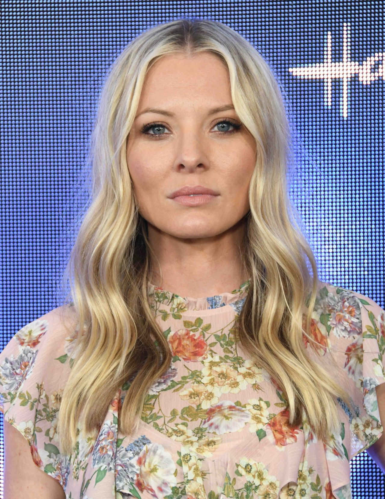 Kaitlin Doubleday 桌布 壁紙 — 一位長金髮的女性穿著花卉連衣裙，背景是藍色像素化背景。