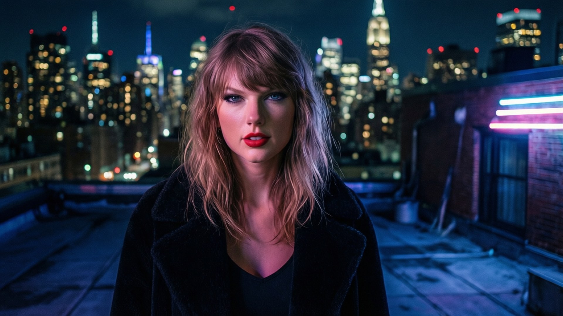 taylor 桌布 壁紙 — 一位紅唇、頭髮凌亂的女性，在夜晚站在屋頂上，背景是閃爍的城市天際線。