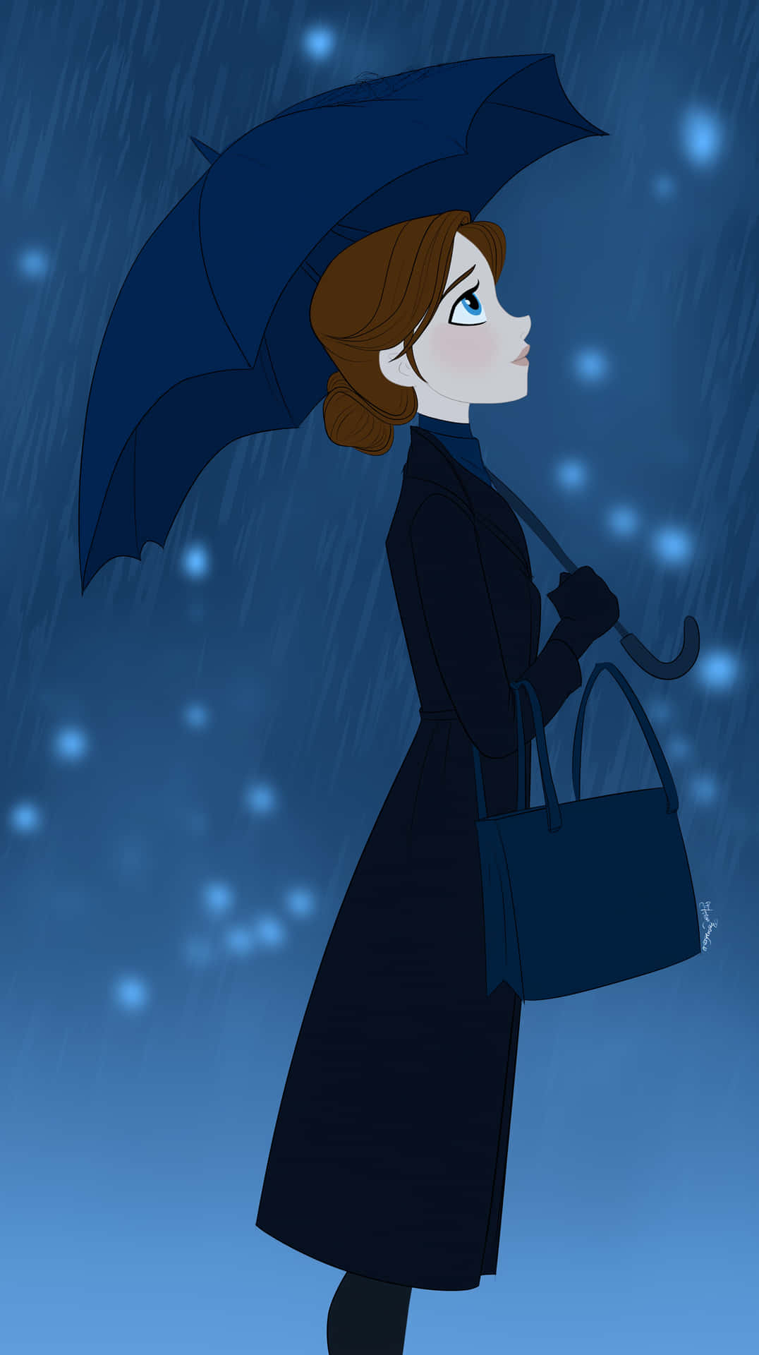 身穿深色外套的女性在下雨的藍色夜景中拿著藍色雨傘和包包