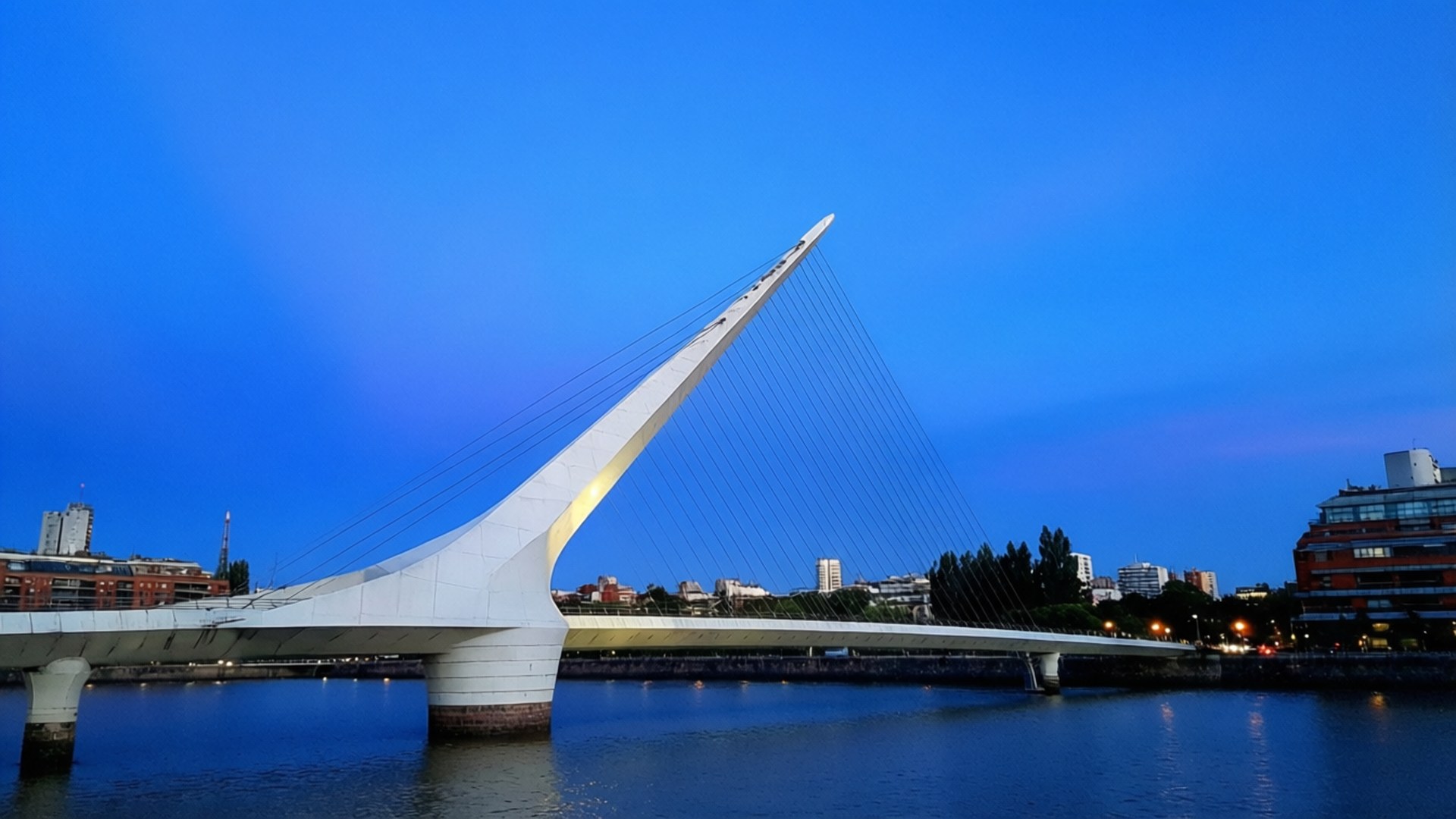 一座白色現代電纜橋在暮色中橫跨河流，背景有城市建築。