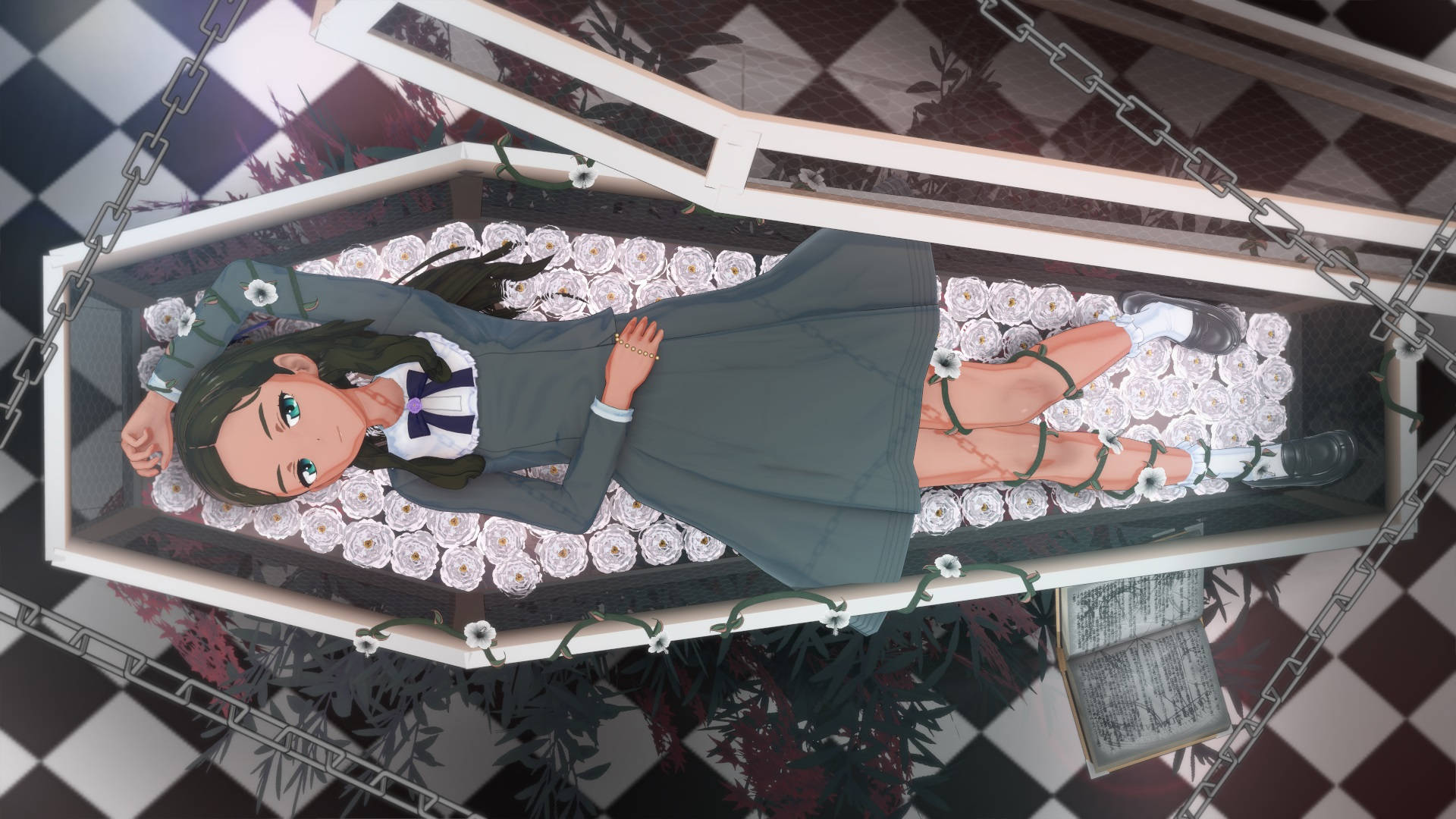穿著校服的動漫女孩躺在裝有白玫瑰和鎖鏈的棺材中