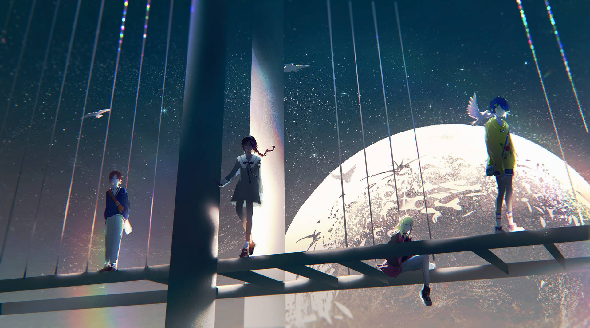 四個動漫角色在橋上，星空下有一顆發光的行星。