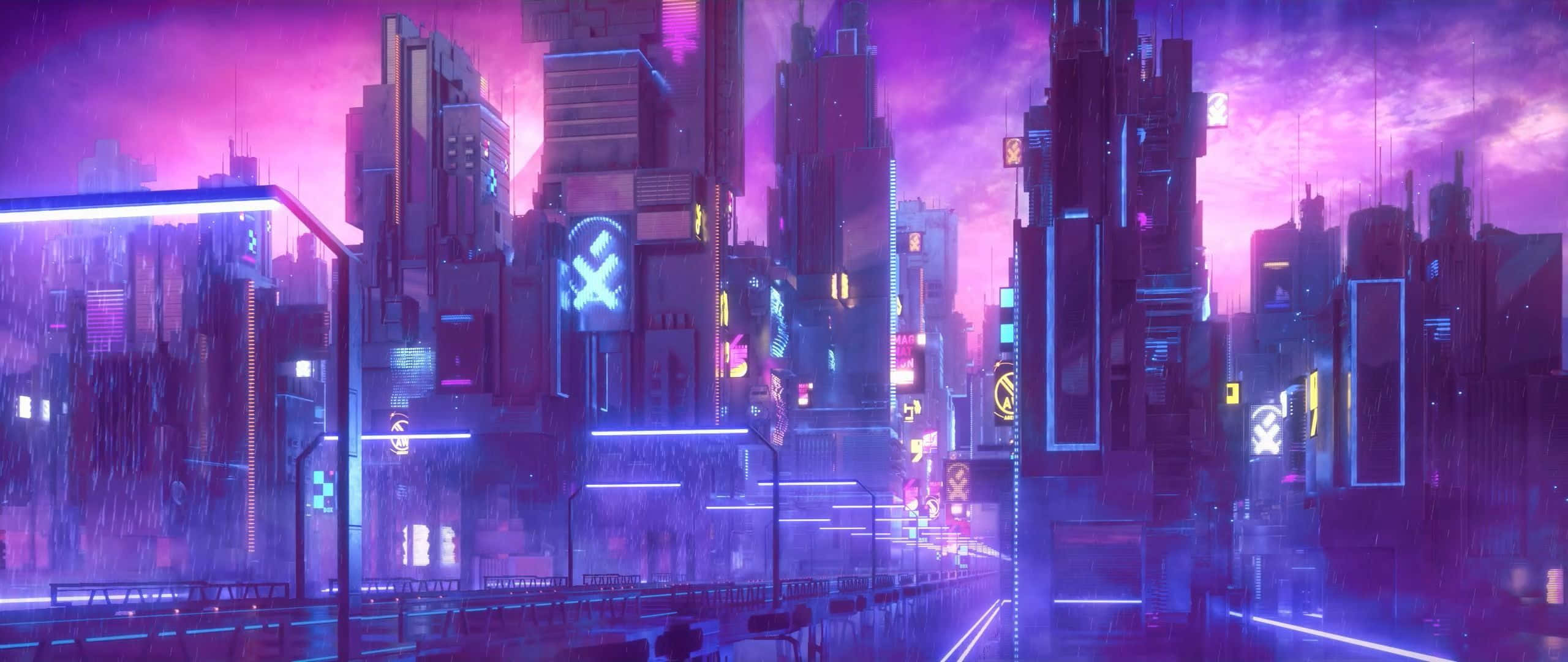Neon Future 桌布 壁紙 — 黃昏時分，霓虹燈閃爍的賽博龐克城市景觀，高聳的摩天大樓在紫色天空下閃耀。