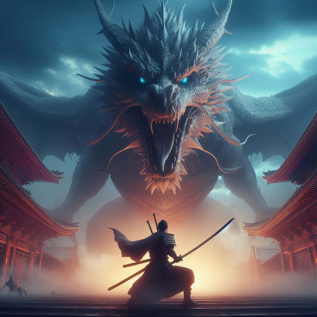  壁紙 — 黃昏時分，一名孤獨武士的剪影在傳統日本建築中面對一隻擁有發光藍眼的巨龍。
