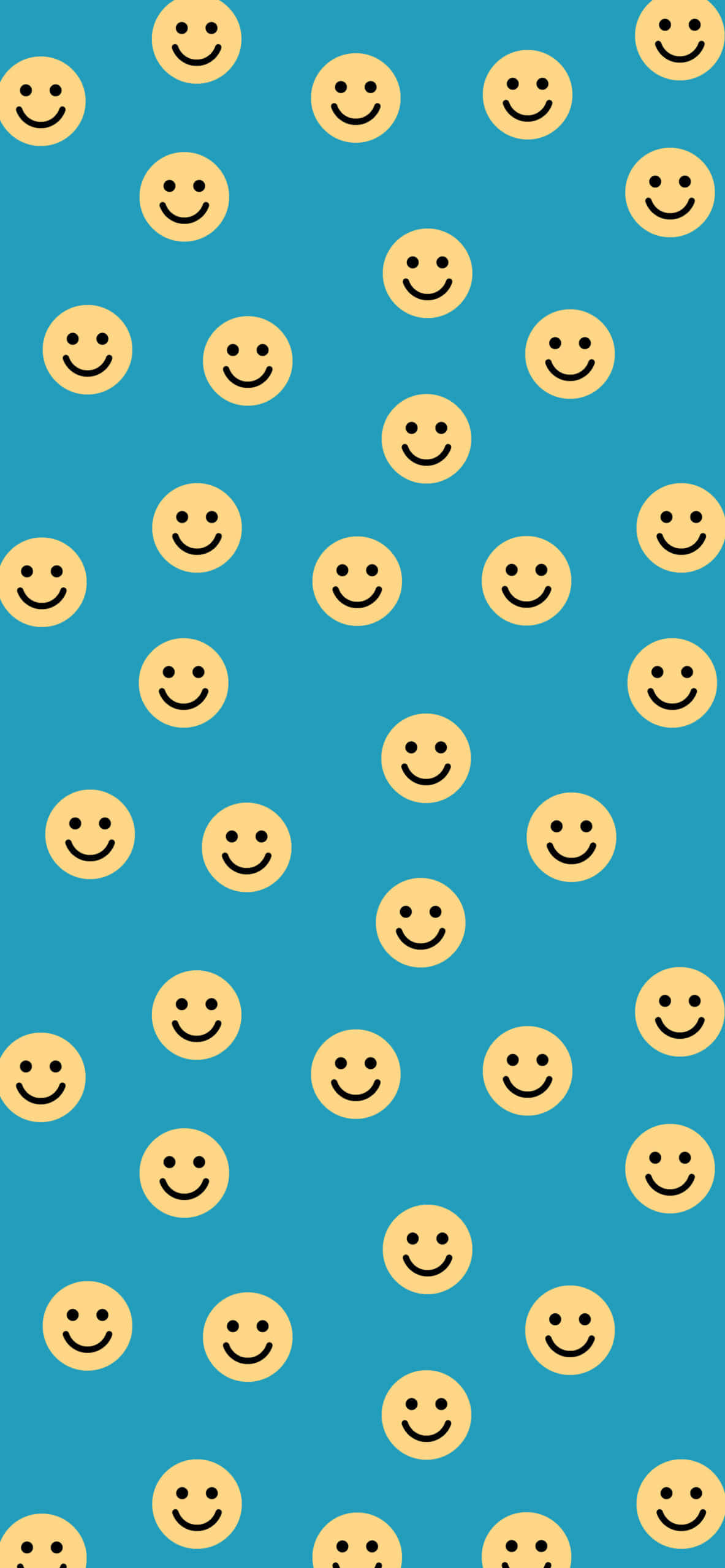 Smiley Face Blue Preppy 桌布 壁紙 — 黃色笑臉在純青色背景上以分散的圖案漂浮。
