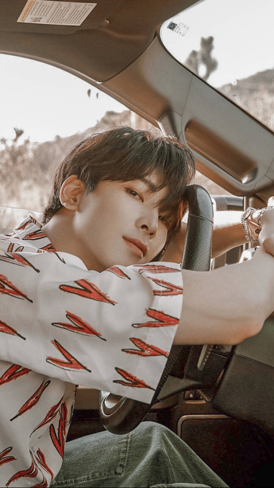 Wonwoo 駕駛汽車 壁紙 — 一位身穿圖案襯衫的年輕男子隨意地靠在汽車方向盤上，窗外可見沙漠景觀。