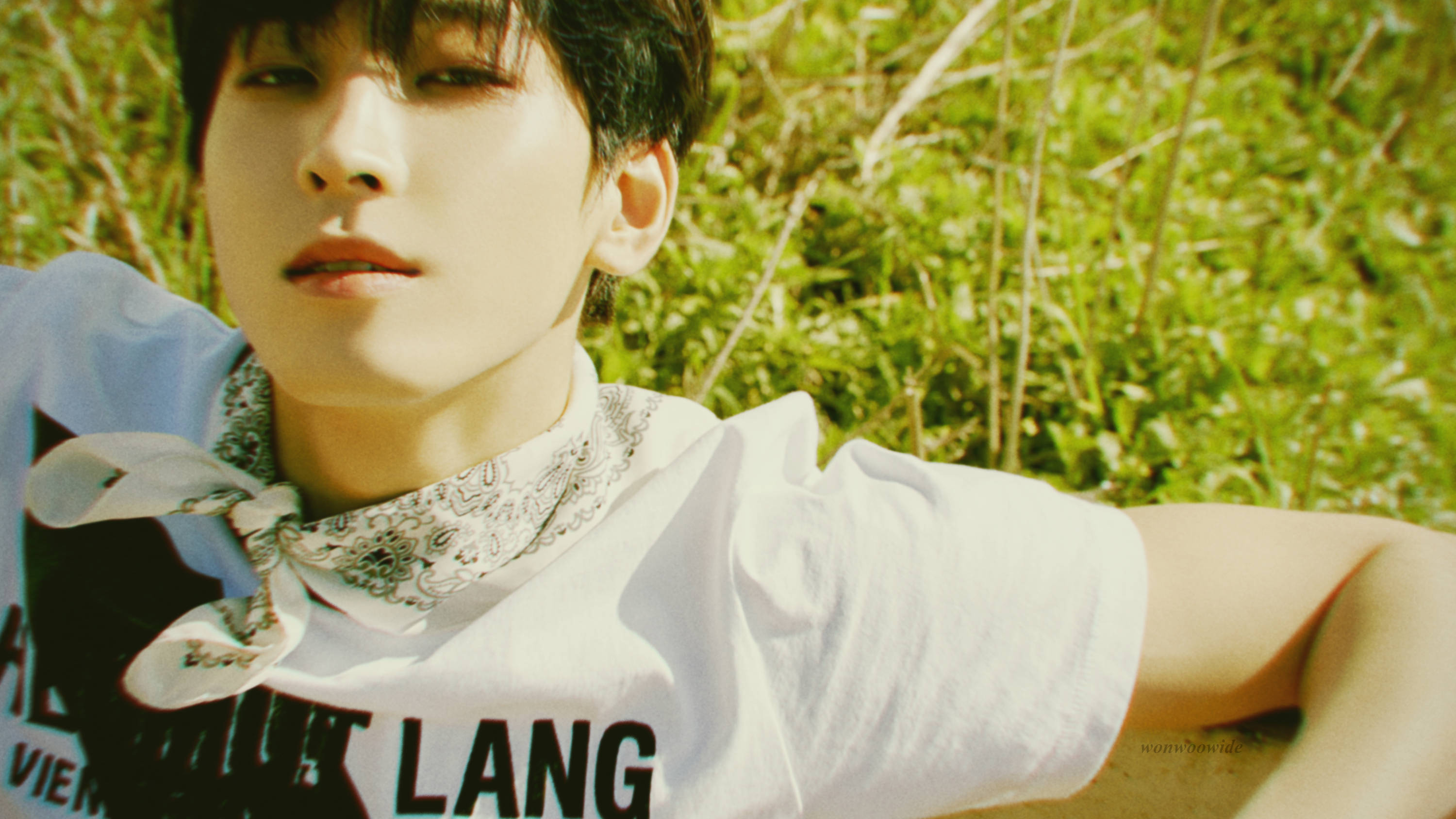Wonwoo 雜誌拍攝 壁紙 — 一位黑髮年輕男子躺在陽光普照的草地上，身穿白色T恤和圖案頭巾。