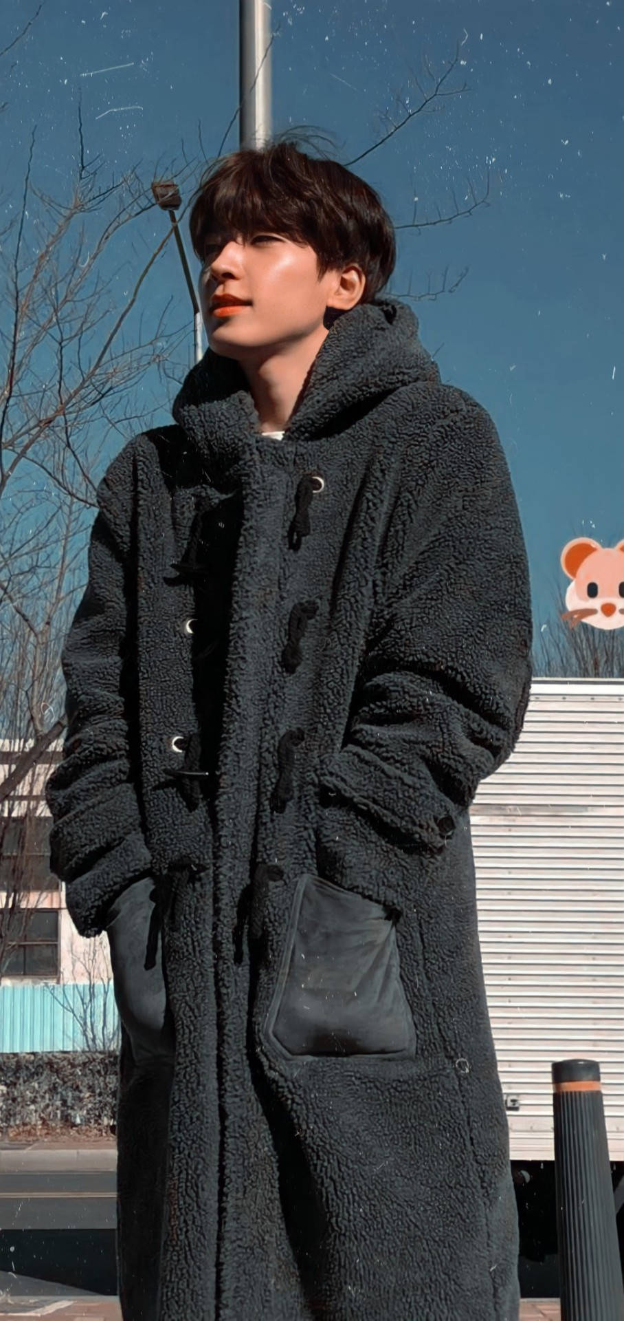 Wonwoo 冬日風情 壁紙 — 一個穿著深色毛絨外套的年輕男子站在戶外，頭頂是清澈的藍天，身後有光禿的樹木和一棟建築物。