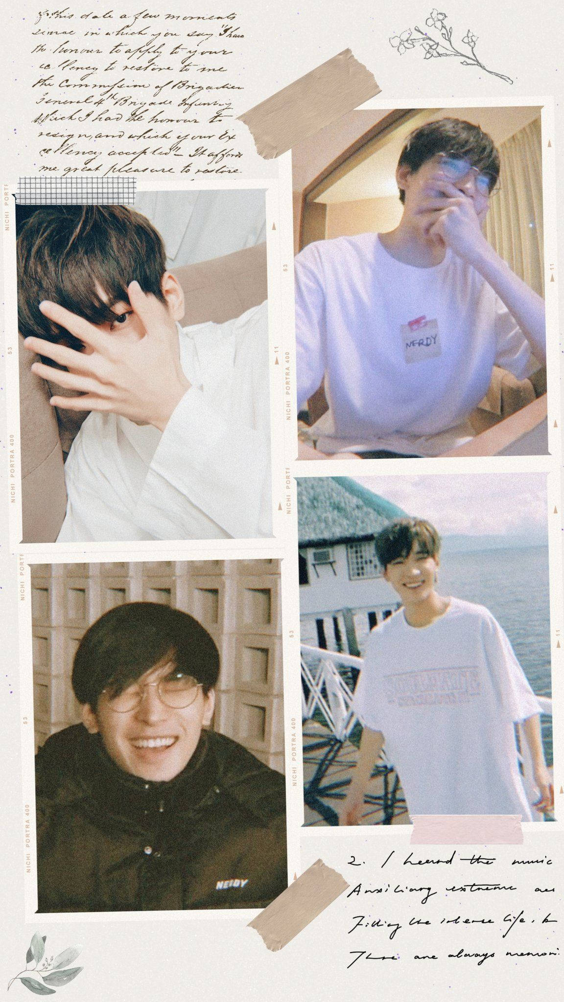 Wonwoo 粉絲藝術畫作 壁紙 — 一位年輕男子在不同姿勢和場景中的四張自然照片拼貼，以手寫筆記和裝飾性紙元素框起。