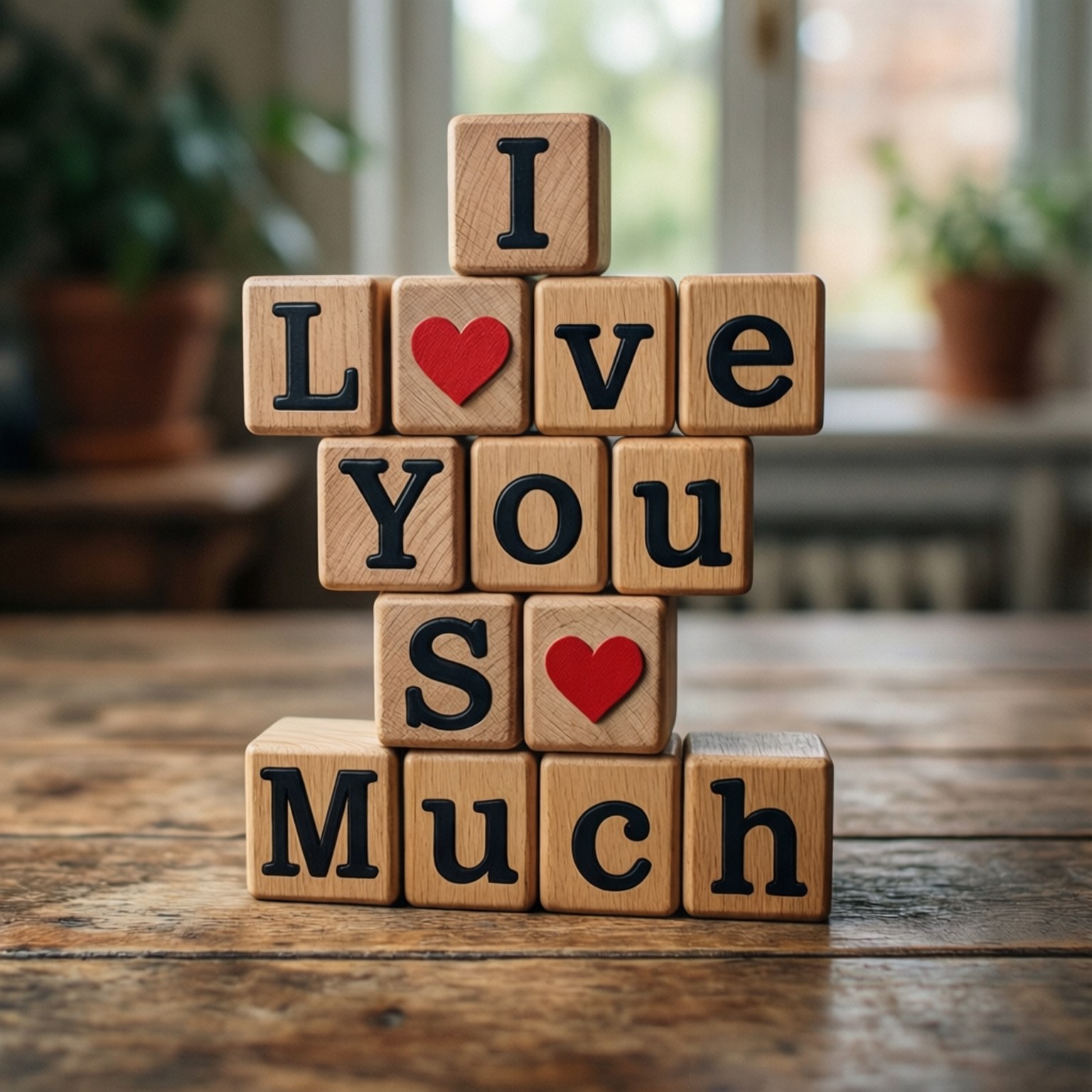 木製積木拼出「I Love You So Much」字樣，配上紅色心形，放在木桌上。