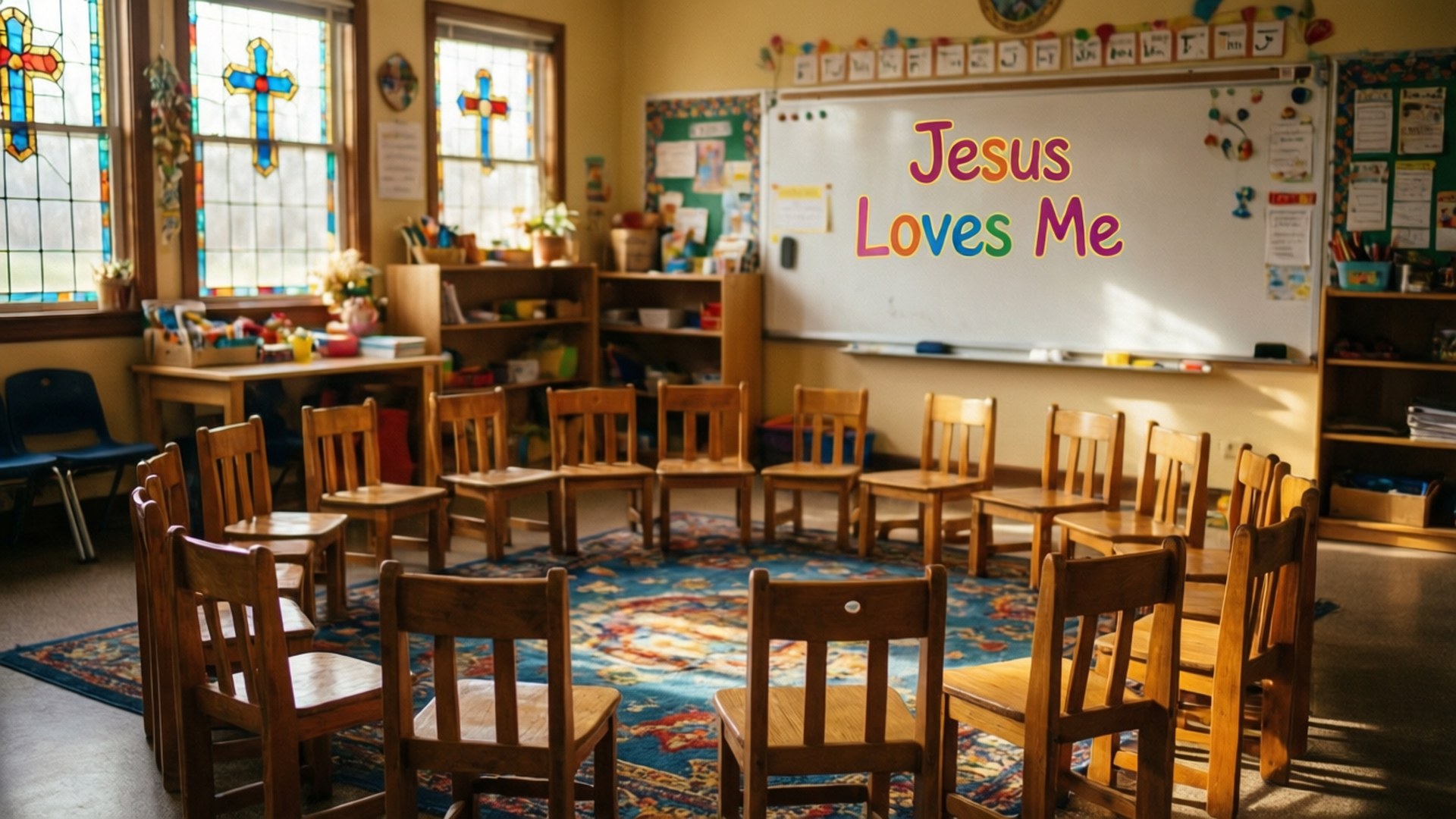 Cozy Classroom Morning 壁紙 — 木椅在溫暖燈光的教堂教室中，排列成圓形，放在有圖案的地毯上，配有彩繪玻璃窗和寫著「Jesus Loves Me」的白板。