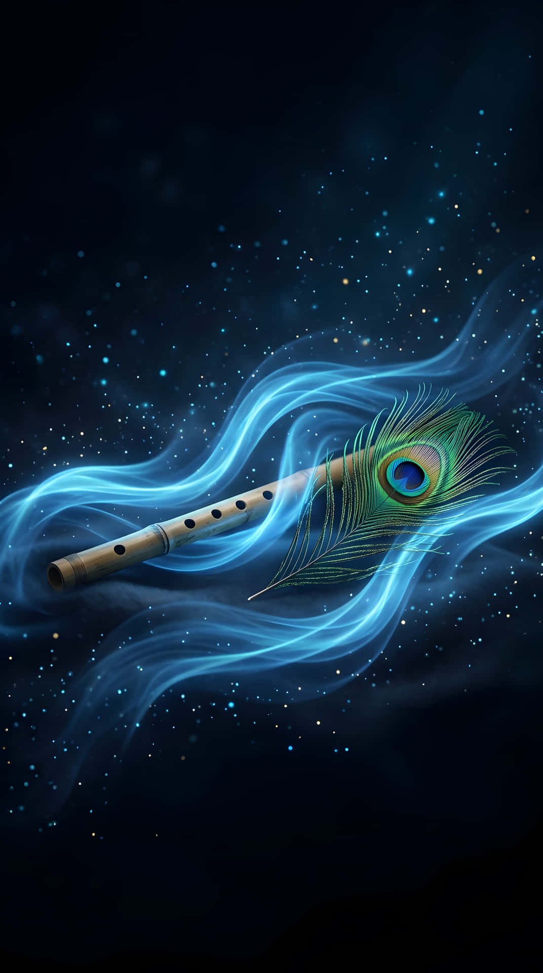 一支笛子和孔雀羽毛在閃耀的藍色能量中旋轉，背景是繁星點點的夜空。 — 抽象 壁紙
