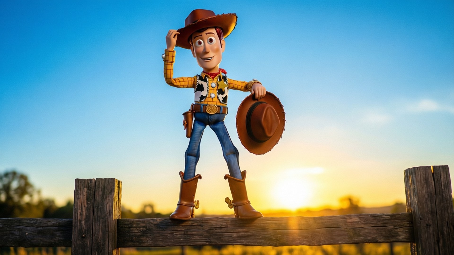 Free Toy Story 桌布 壁紙 — 牛仔玩具胡迪自信地站在木柵欄上，背景是金色夕陽和清澈的藍天。