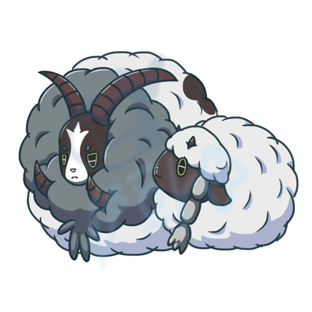 Wooloo與Dubwool可愛插畫 壁紙 — 兩隻毛茸茸的卡通山羊，彎曲的角，依偎在舒適的羊毛堆裡。