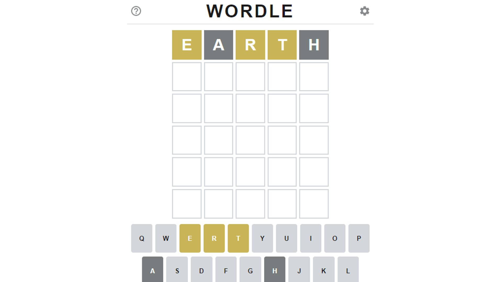 Wordle遊戲畫面，猜出EARTH，字母以黃色突出顯示。
