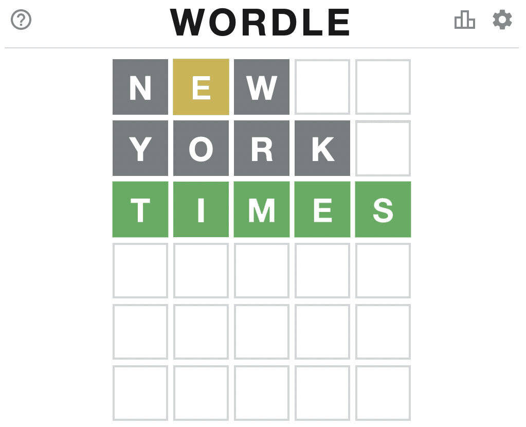 Wordle遊戲畫面，猜測'NEW YORK TIMES'並帶有顏色編碼的反饋。