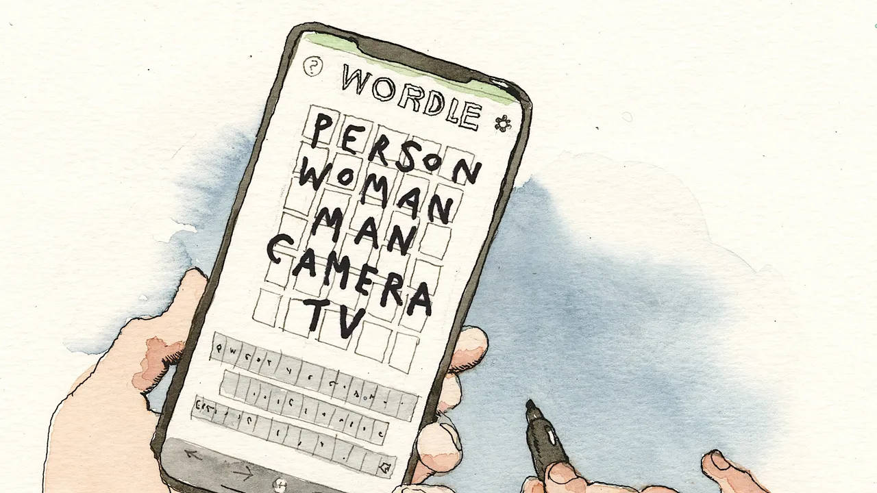 手拿著手機玩Wordle，猜測person woman man camera tv