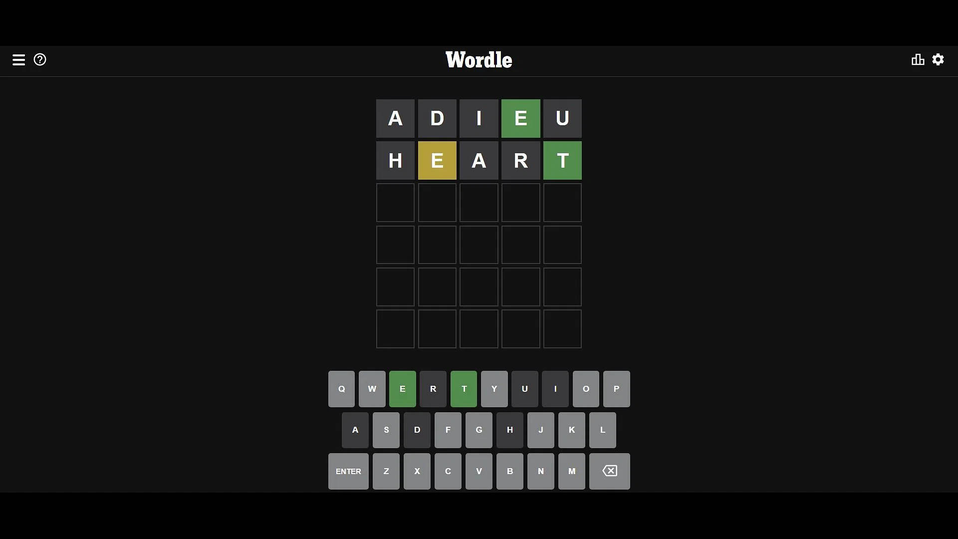Wordle遊戲畫面，顯示ADIEU已解決，HEART部分正確。
