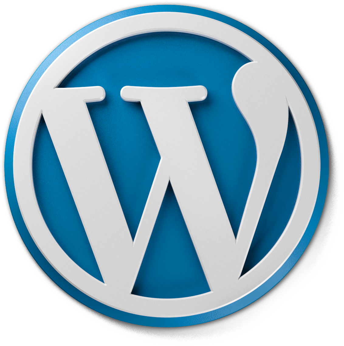 WordPress 藍色背景標誌 壁紙 — 一個大膽的白色WordPress標誌，帶有藍色圓形背景，在黑色背景上脫穎而出。