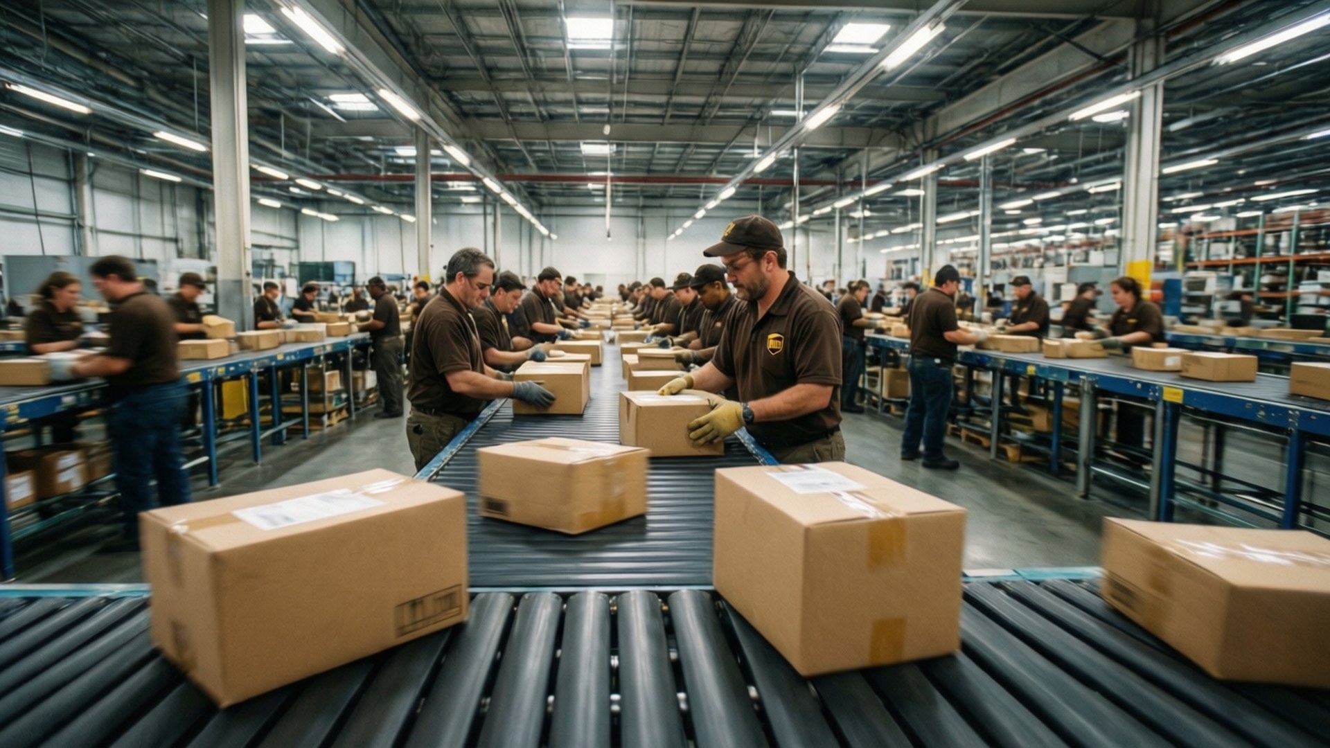 Ups 桌布 壁紙 — 工人在寬敞的倉庫中，在明亮的螢光燈下高效地包裝輸送帶上的紙箱。
