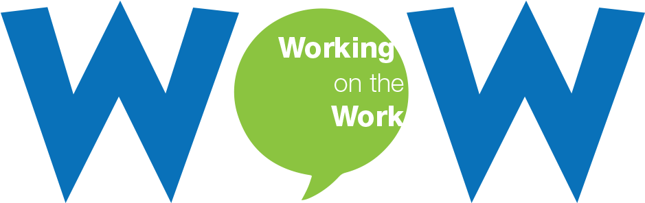 「Working on the Work」圖形 壁紙 — 黑色背景上，綠色對話框內含文字 Working on the Work 的粗體藍色 WOW 字母。