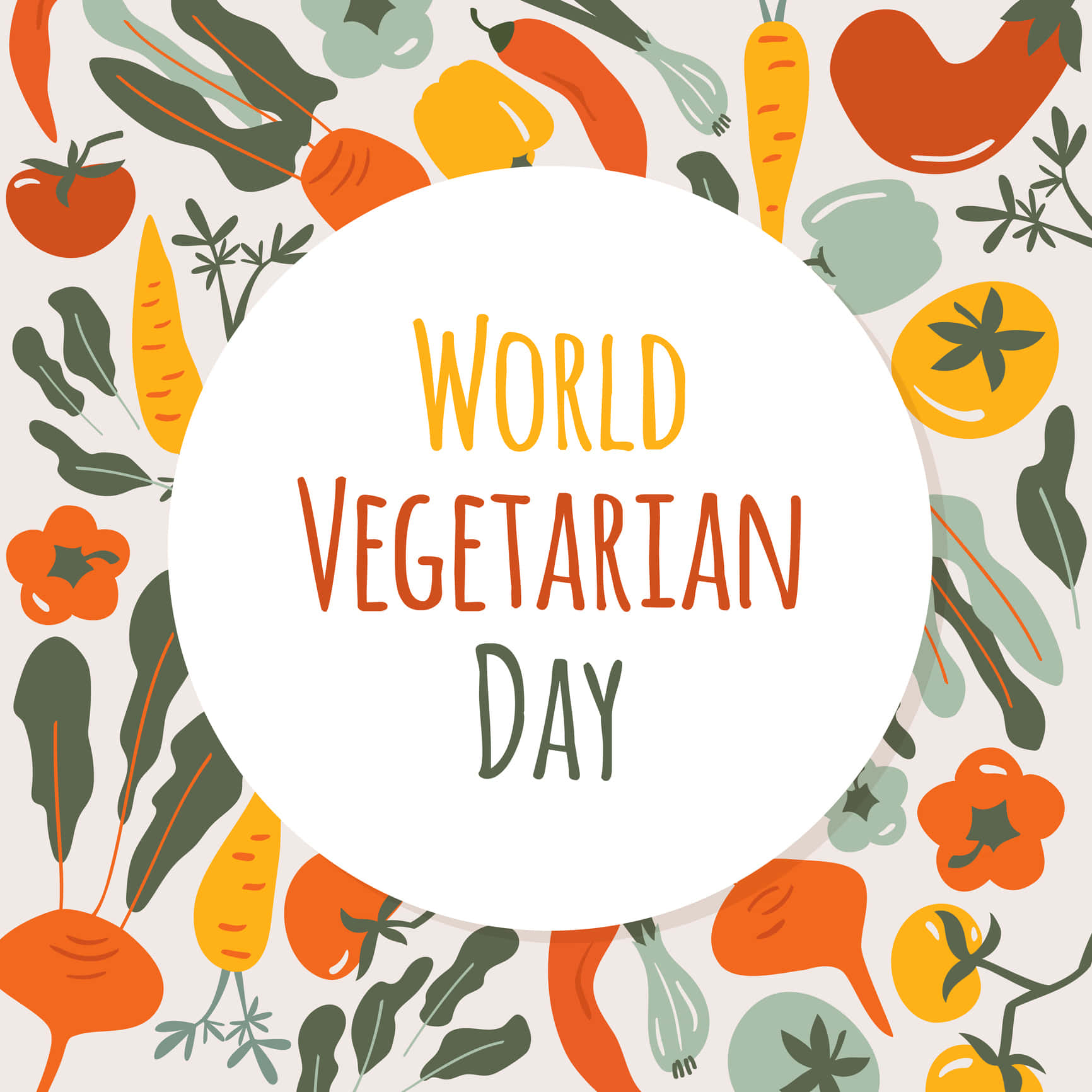  壁紙 — 一個歡樂的插圖圓圈，上面有「World Vegetarian Day」，周圍是淺色背景上的彩色卡通蔬菜。