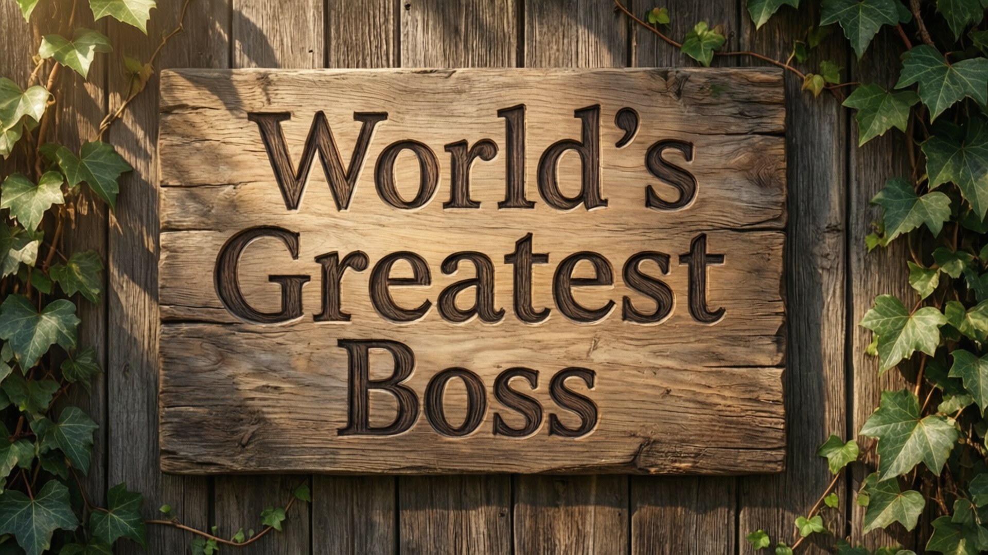 木牌上寫著 World's Greatest Boss，被籬笆上的常春藤環繞。