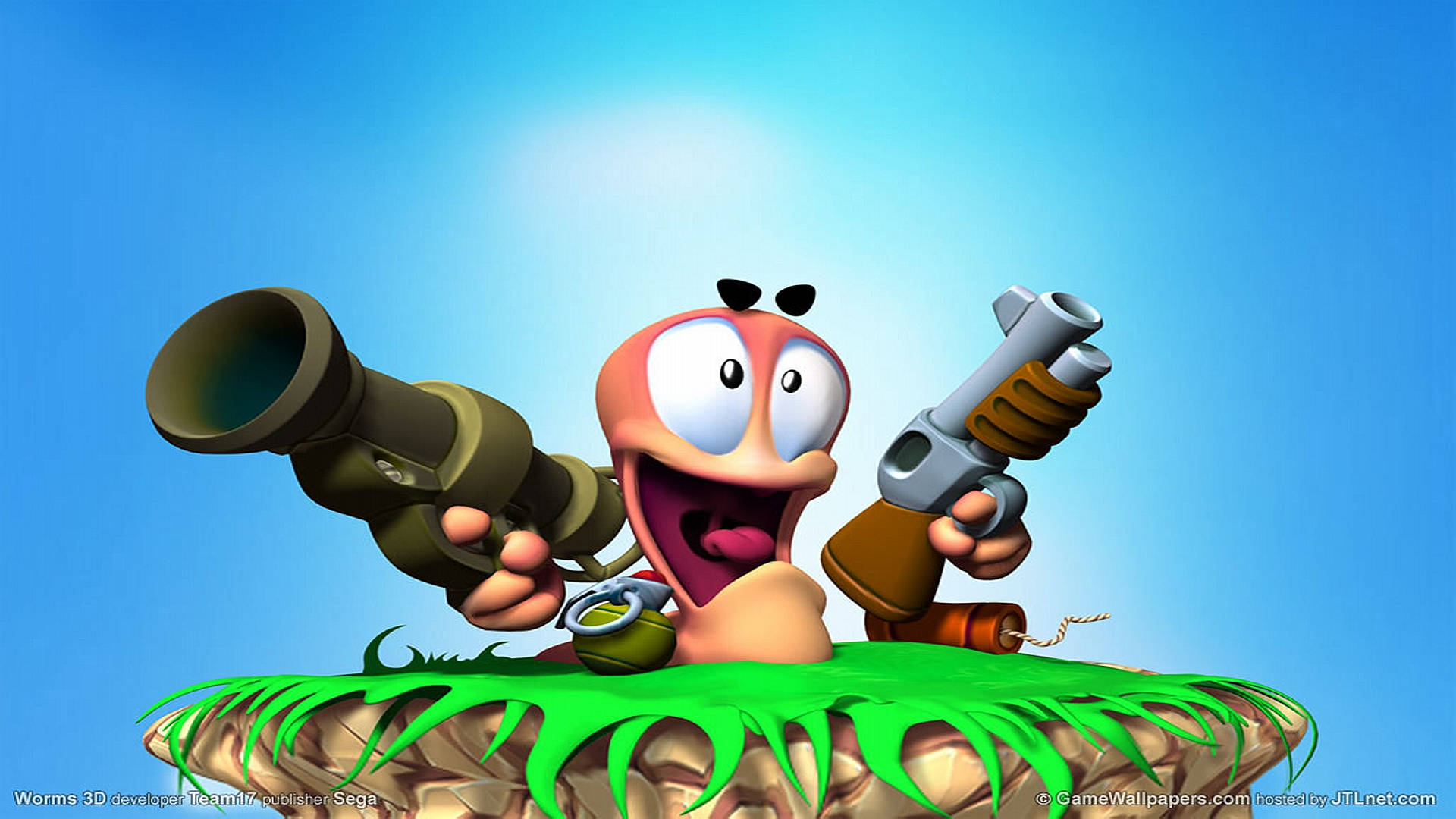 《Worms 3》遊戲中的博吉B蠕蟲 壁紙 — 一隻有大眼睛的卡通蟲子在草丘上拿著火箭發射器和手槍，背景是明亮的藍天。