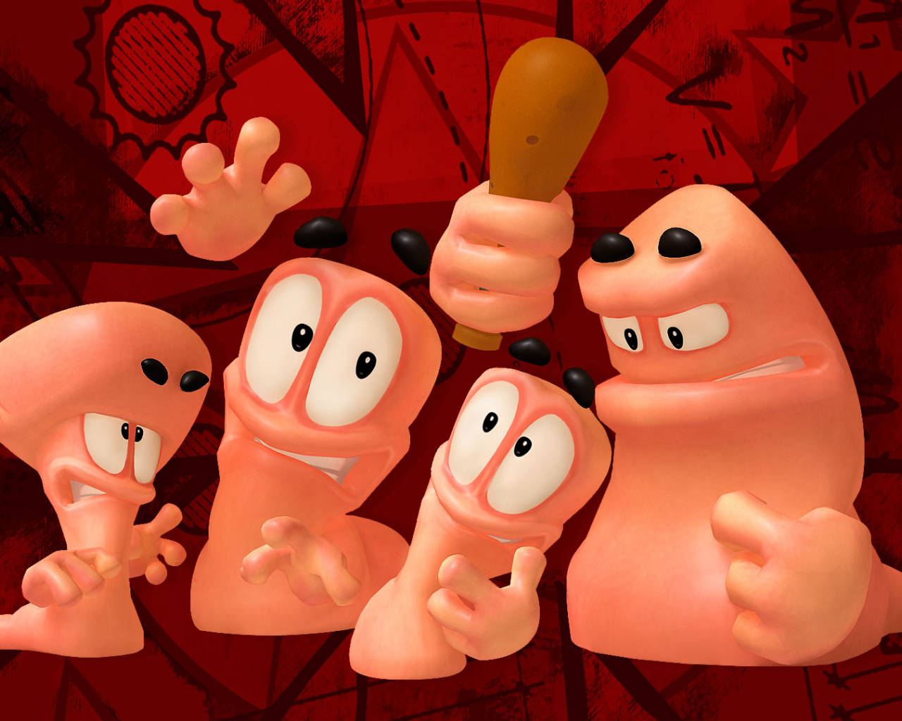 《Worms: Revolution》中的重裝蚯蚓 壁紙 — 四個粉紅色卡通角色，有大眼睛和黑色斑點，在紅色塗鴉背景前充滿活力地擺姿勢。
