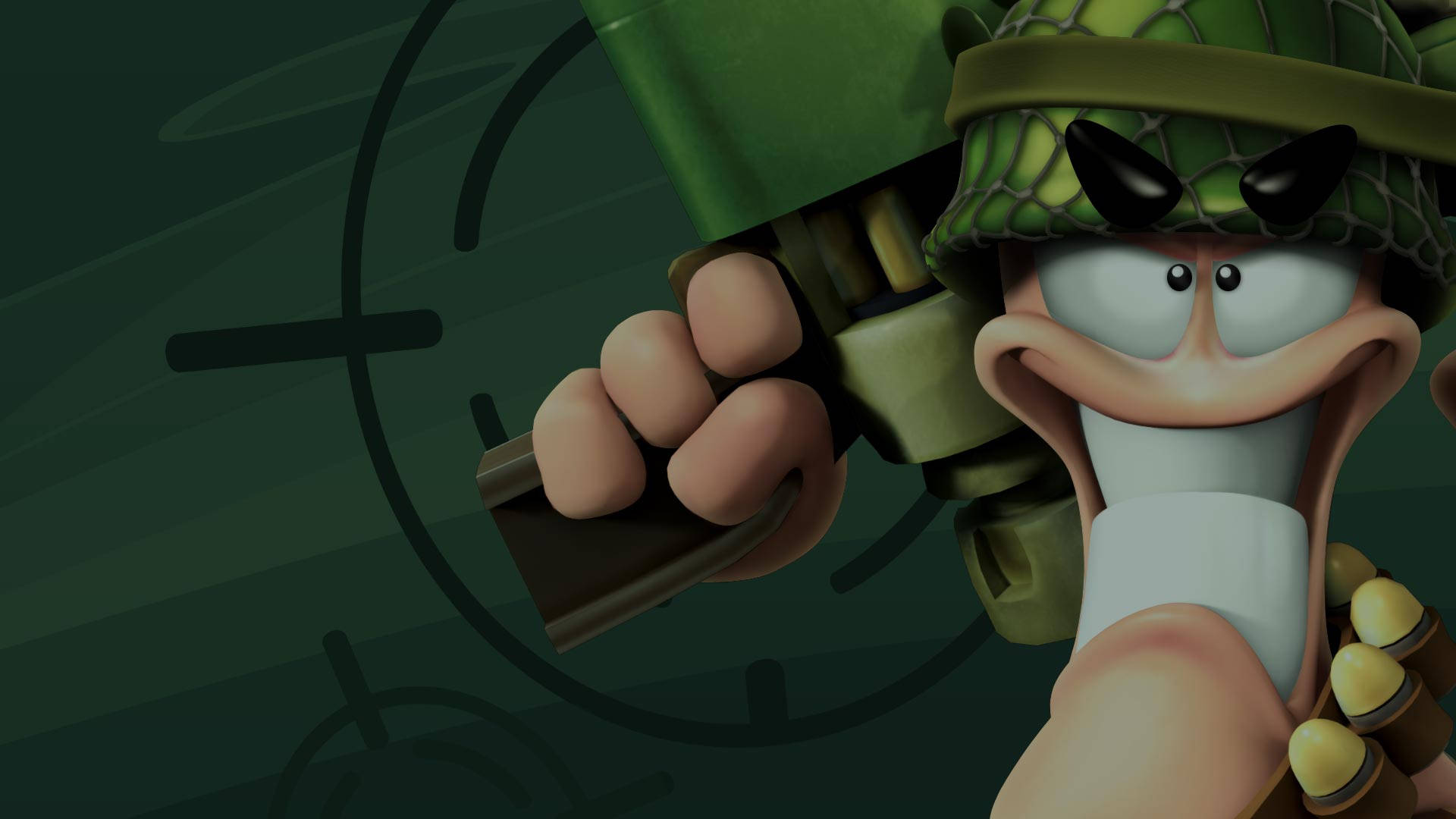 《Worms Ultimate Mayhem》遊戲封面：搞笑混亂 壁紙 — 一個卡通士兵戴著綠色頭盔和步槍，通過瞄準鏡瞄準，背景是深綠色。
