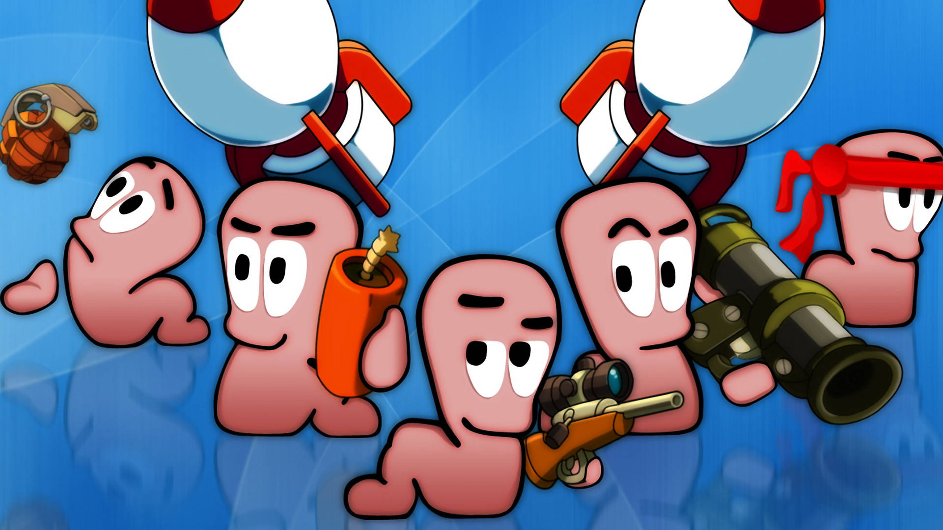 《Worms World Party》中的Boggy B 蠍蟲插畫 壁紙 — 粉紅色卡通角色擁有超大頭部，在鮮豔的藍色背景上揮舞武器。