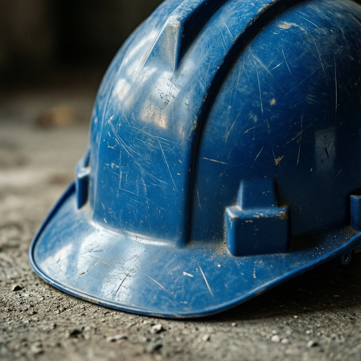 磨損的藍色建築安全帽放在粗糙的混凝土地面上。