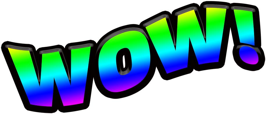 多彩「WOW!」驚嘆號 壁紙 — 粗體3D文字拼出WOW，採用鮮豔彩虹漸變，背景為 stark 黑色。