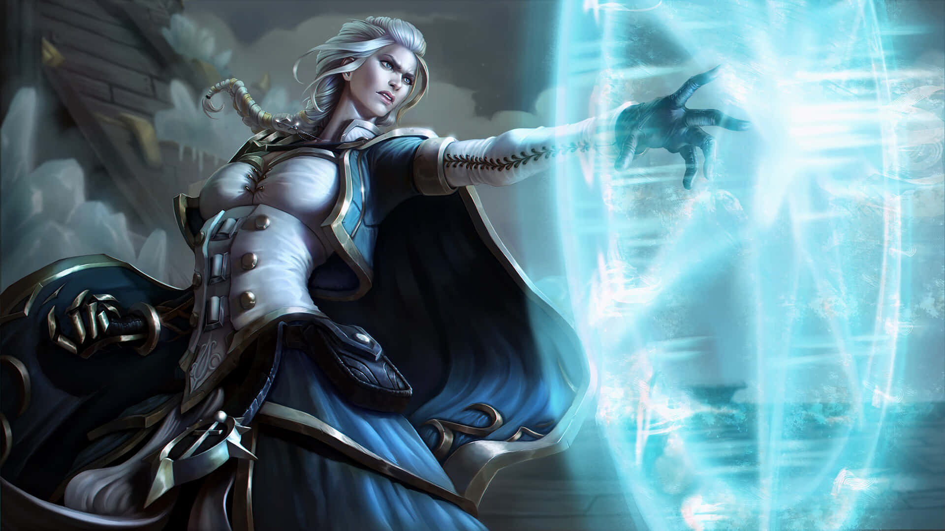 Wow 4K Lady Jaina 原創插畫 壁紙 — 一位銀髮奇幻戰士身穿藍白鎧甲，伸出手釋放出發光的藍色能量。