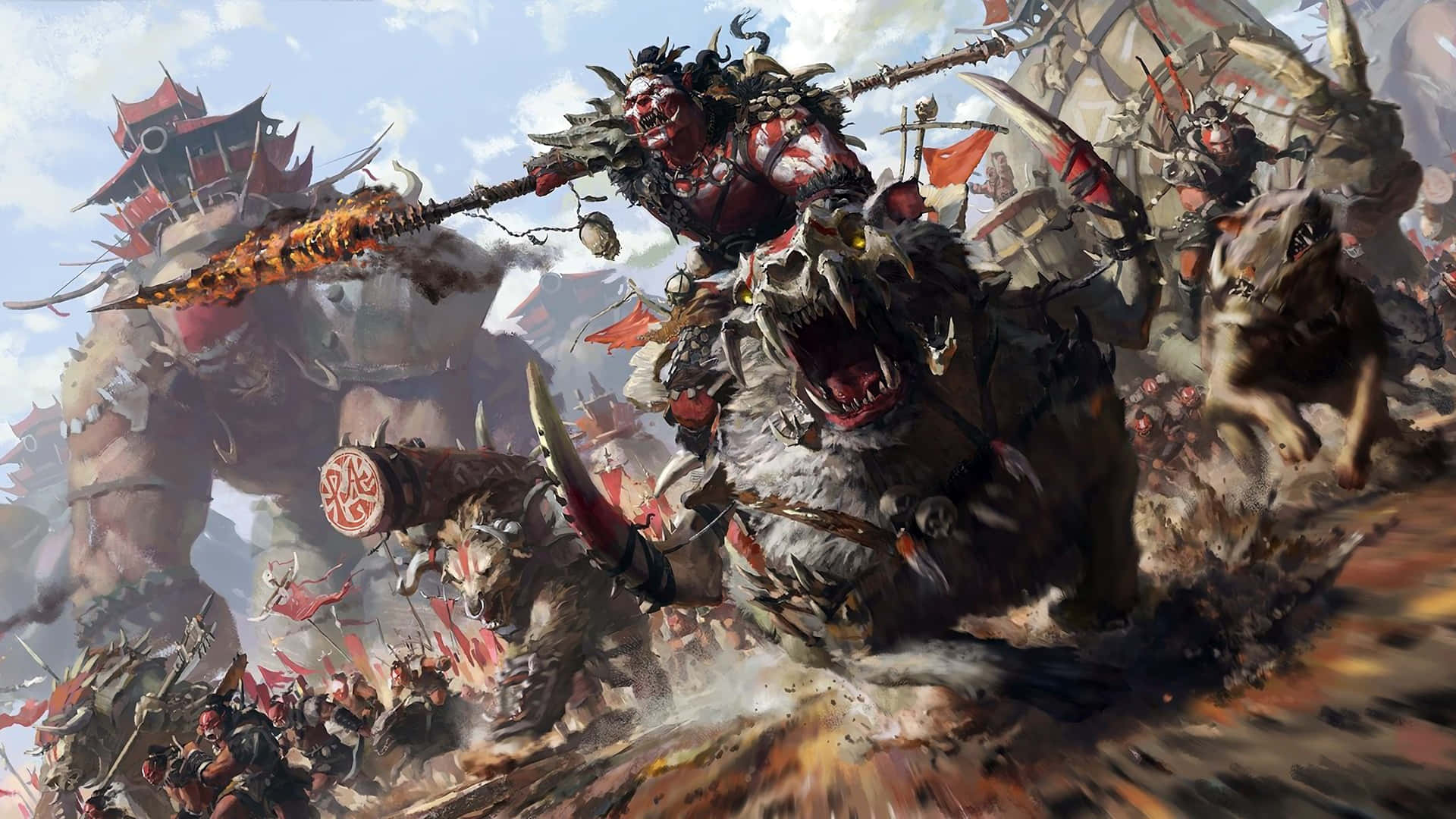 獸人 warlord 騎著野豬，在奇幻戰鬥中衝鋒，手持火焰武器和戰士。