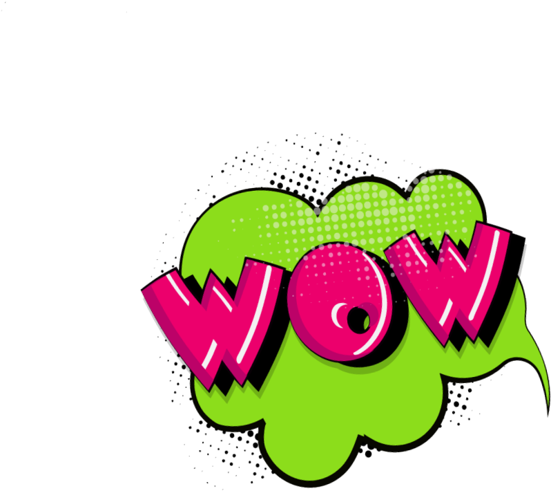 波普藝術風格「WOW」圖像 壁紙 — 大膽的粉紅色 'WOW' 文字從青檸綠色漫畫風格對話氣泡中迸出，背景為黑色。