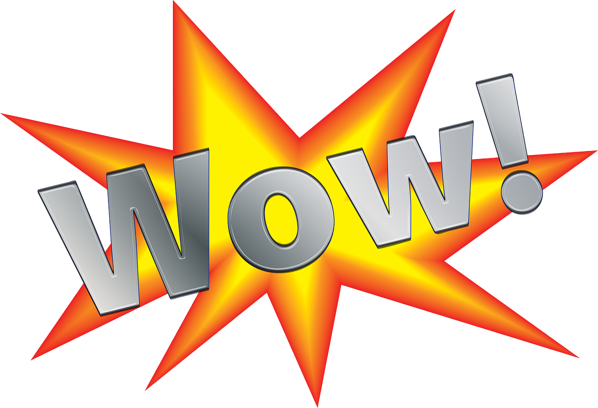 Wow 感嘆號圖形 壁紙 — 大膽的金屬 'Wow!' 文字從熾熱的橙黃色星爆中迸發出來，背景是潔淨的白色。