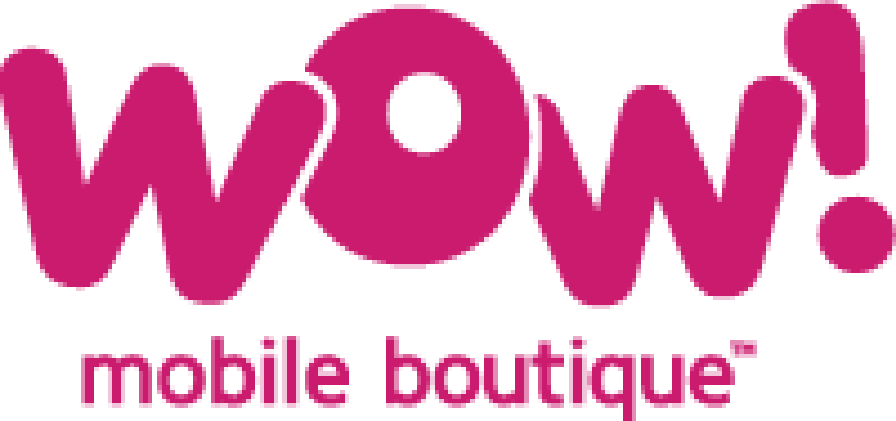Wow Mobile Boutique 標誌 壁紙 — 大膽的洋紅色像素文字拼寫WOW！和移動精品店，背景為乾淨的白色。