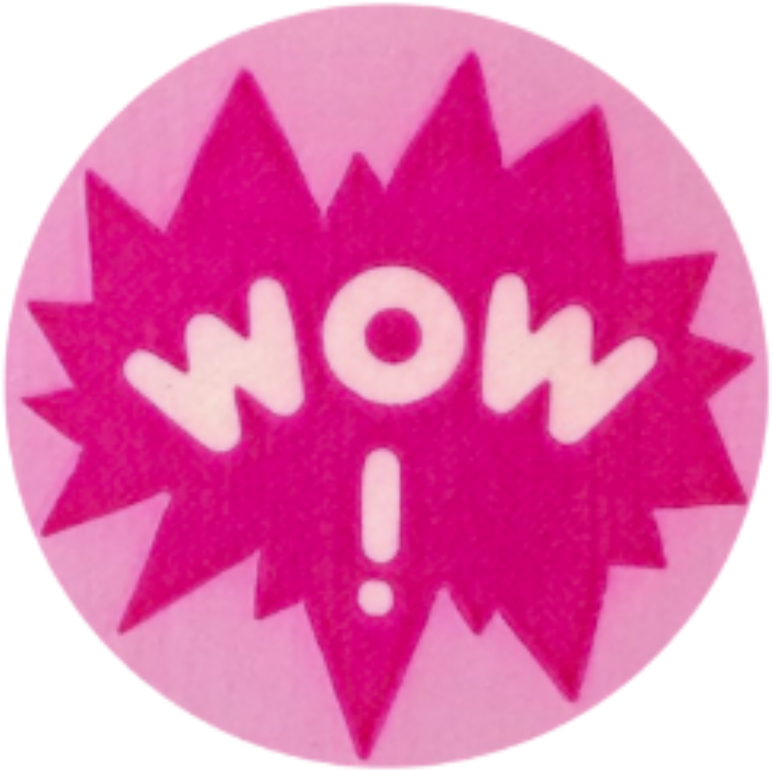 粉紅色「WOW！」貼紙圖像 壁紙 — 一個充滿活力的粉紅色圓形徽章，帶有鋸齒狀星爆形狀和粗體白色字母 'WOW!'。