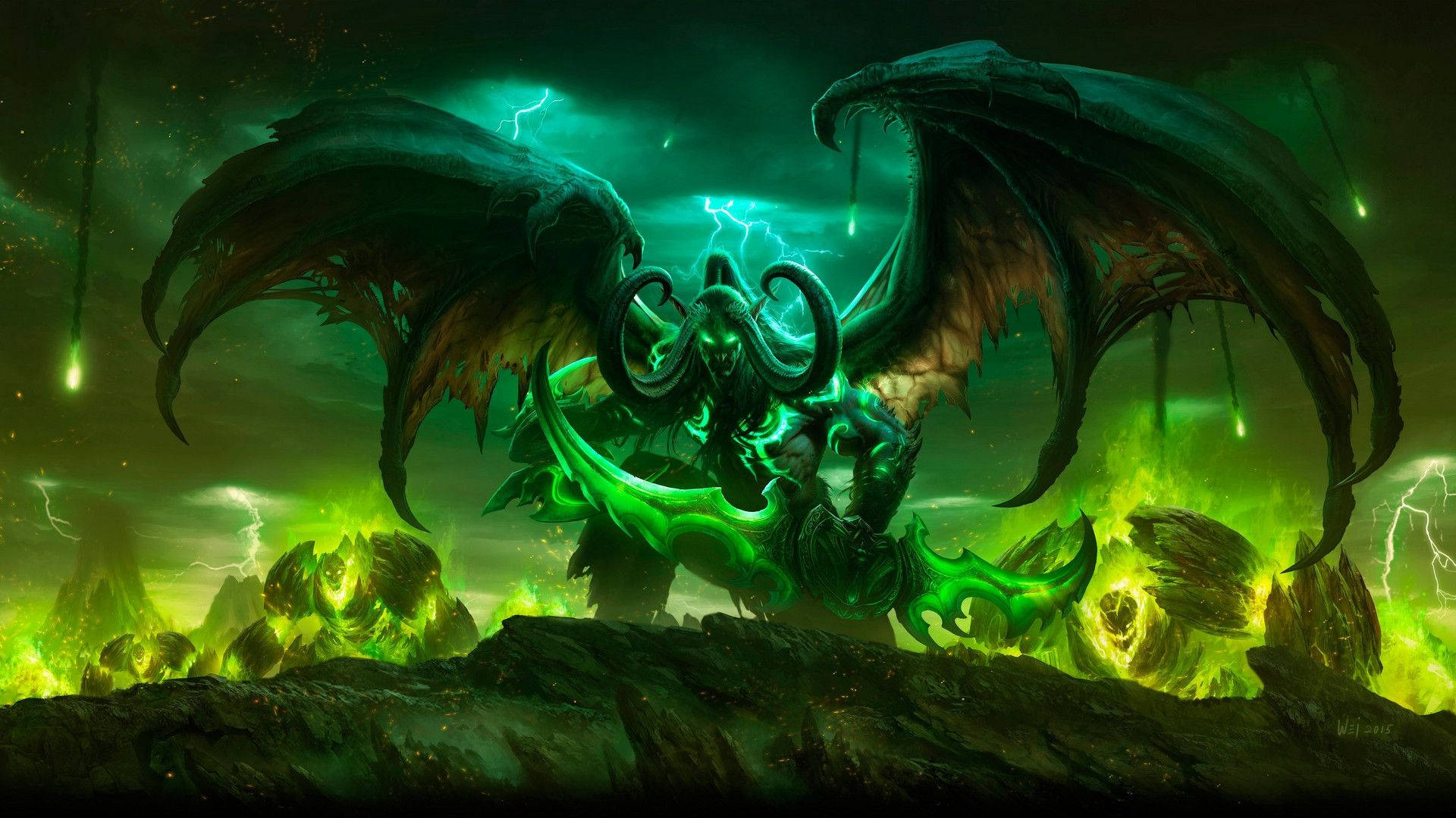 一個帶有發光綠色翅膀和角的惡魔生物，站在風暴中熾熱的景觀中。
