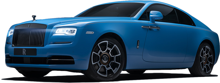 藍色勞斯萊斯 Wraith側視圖 壁紙 — 一輛時尚的藍色 Rolls Royce Wraith 雙門轎跑車，帶有發光的頭燈和黑色輪圈，背景為黑色。