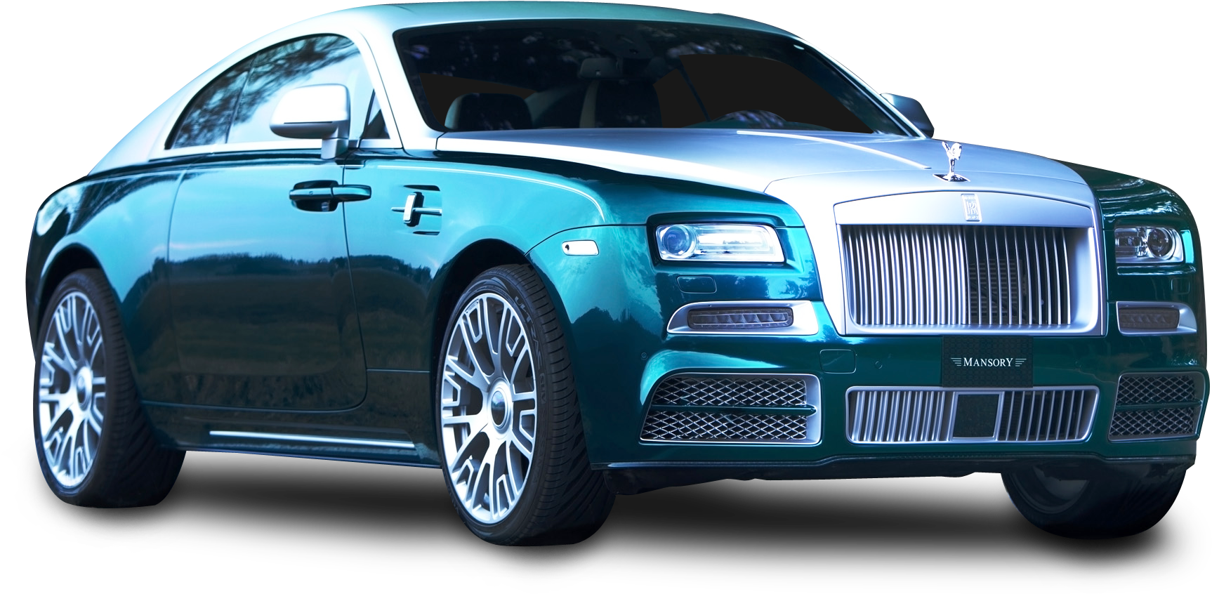 勞斯萊斯Wraith Mansory版 壁紙 — 一輛流線型的青綠色 Mansory 改裝 Rolls Royce Ghost 在純黑色背景下的攝影棚燈光中閃耀。