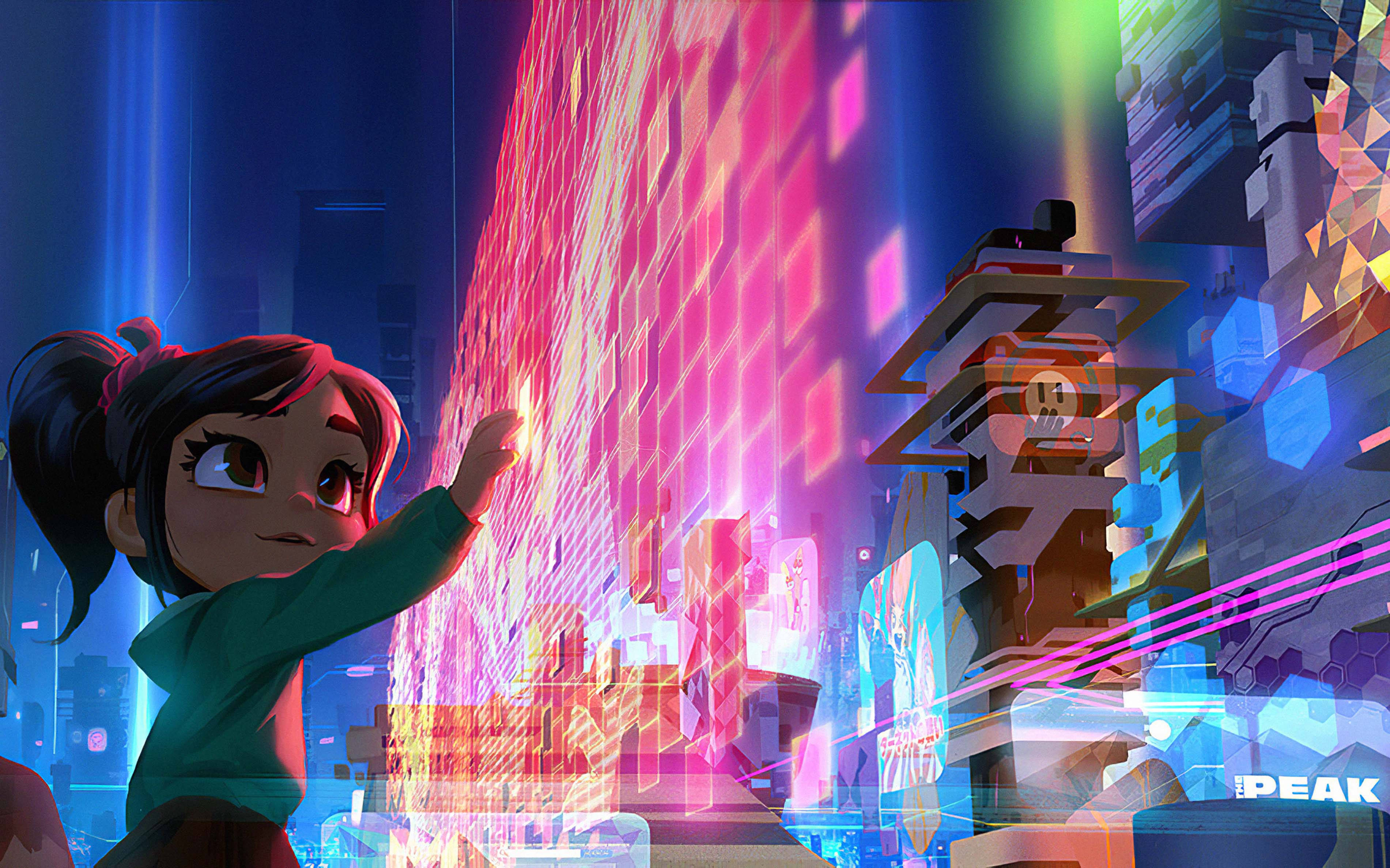 《 wreck-it ralph 》凡妮莎網路藝術 壁紙 — 一個穿著青綠色連帽衫的年輕女孩，在霓虹燈照亮的賽博龐克城市景觀中，伸手觸摸一面發光的粉紅色數位牆。