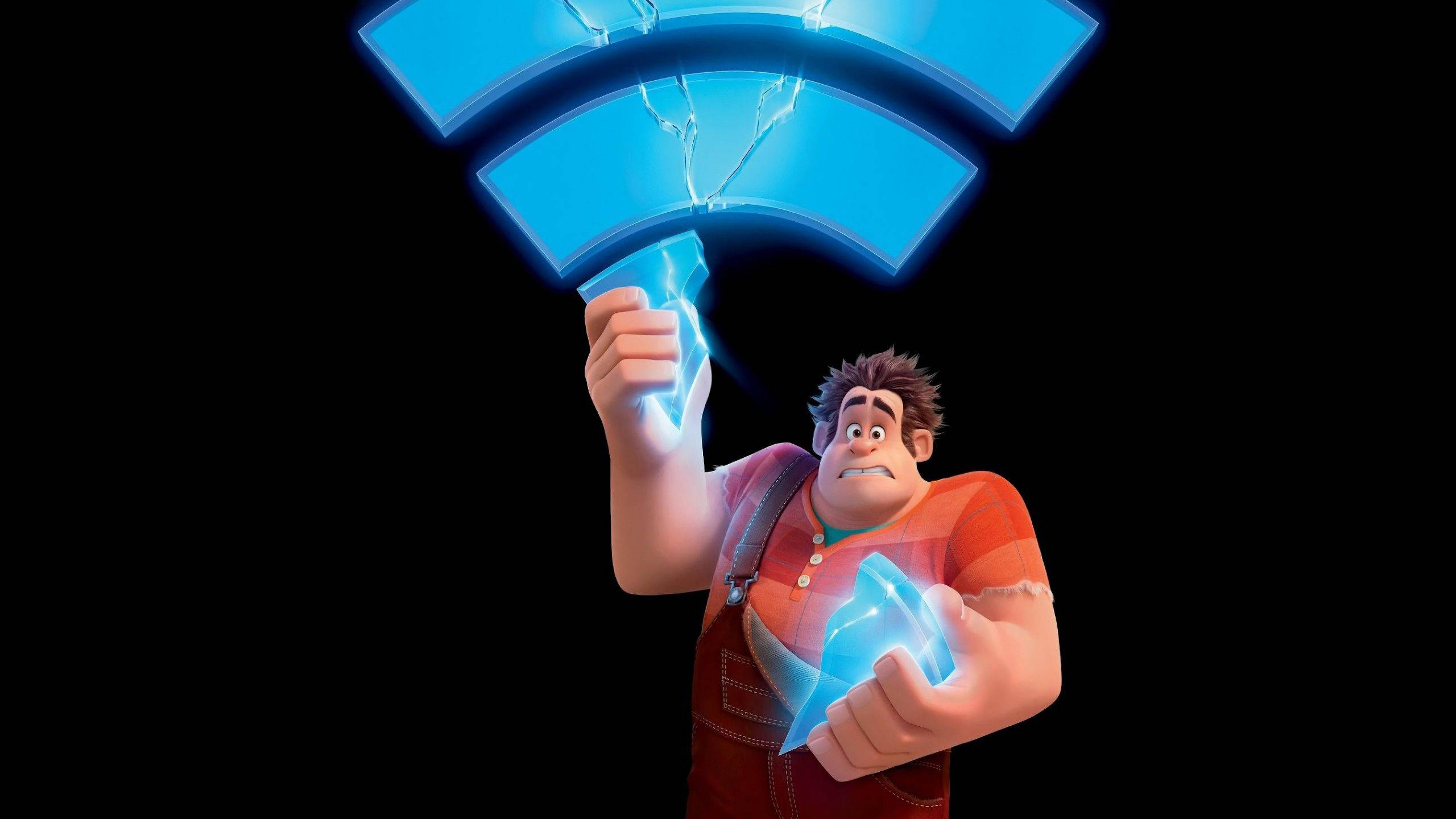 wreck-it ralph 破網藝術 壁紙 — 《無敵破壞王2：打爆互聯網》角色 Ralph 在黑色背景上手持發光藍色 Wi-Fi 符號。