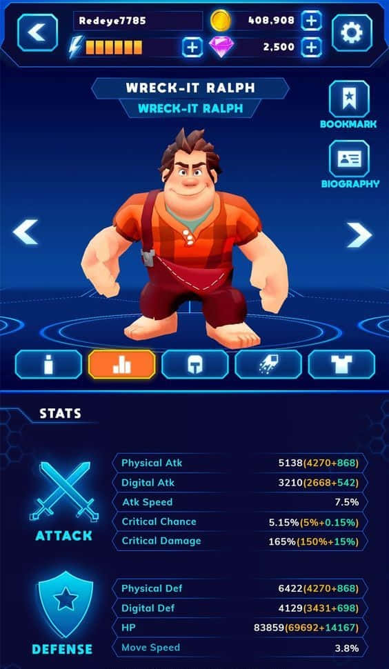 Game Design 桌布 壁紙 — Wreck-It Ralph 站在一個帶有發光統計數據和藍色霓虹燈 UI 元素的數碼遊戲介面中。
