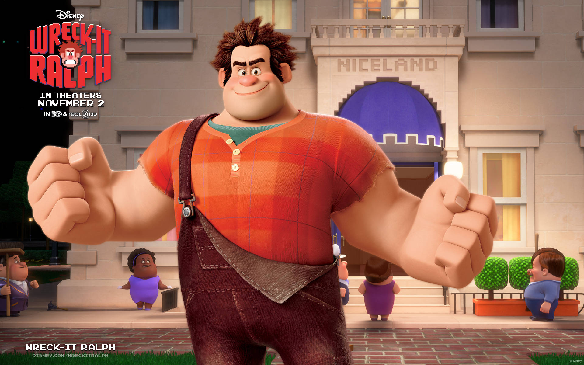 Wreck-It Ralph 角色海報 壁紙 — Wreck-It Ralph 自信地站在 Niceland 的大樓前，舉起拳頭，周圍是小鎮居民，構成一個充滿活力的動畫場景。