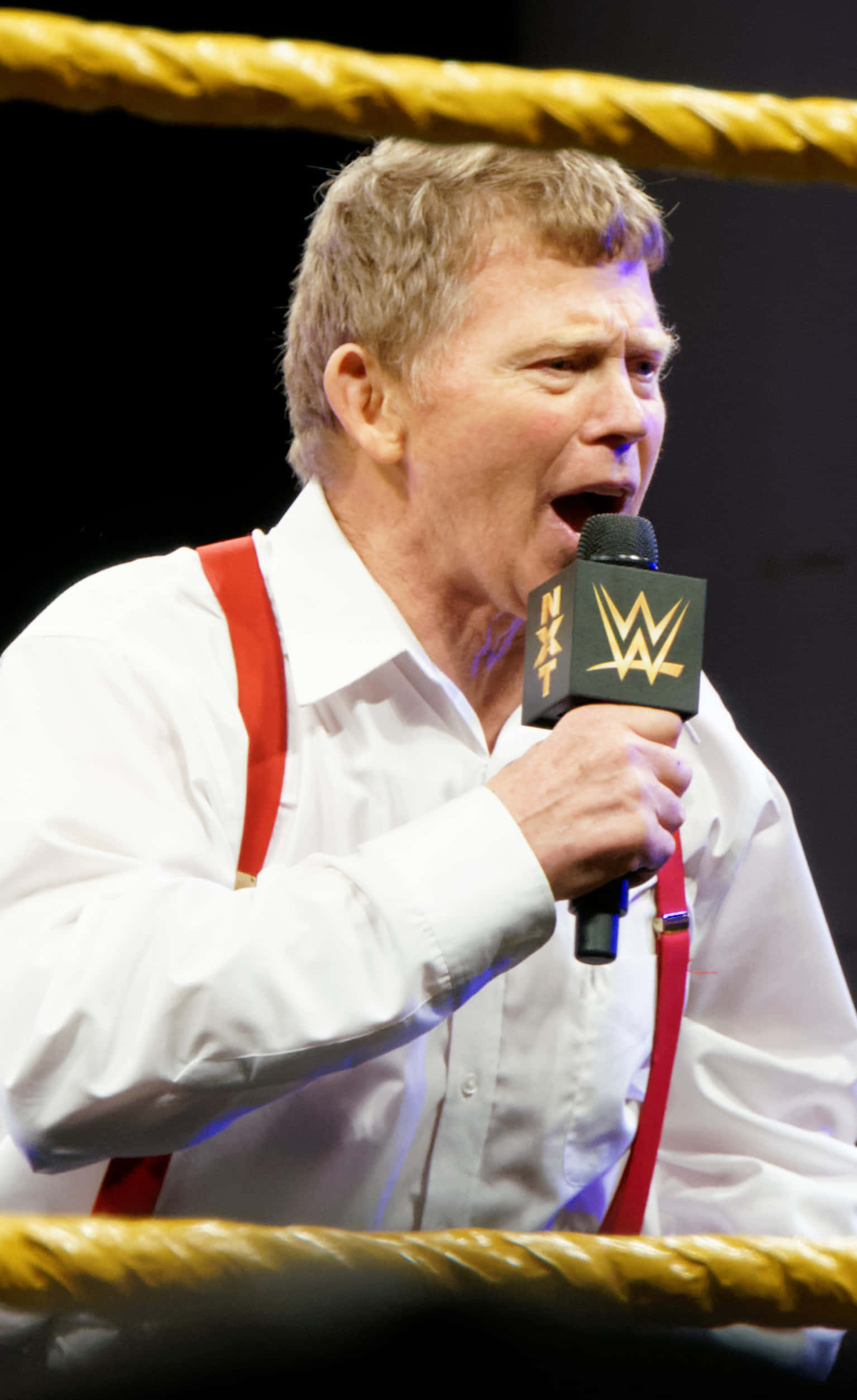 鮑勃·巴克蘭德WrestleMania Axxess 2014 壁紙 — WWE 評論員 Vince McMahon 在黃色繩索的摔角擂台內熱情地對著麥克風說話。