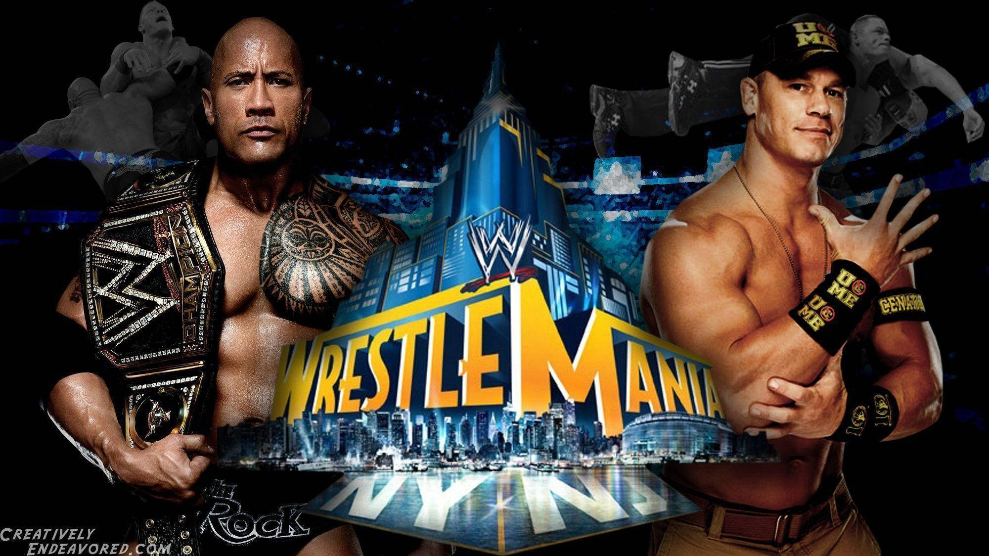 WrestleMania 強森對戰塞納 壁紙 — 兩位肌肉發達的摔角手站在WrestleMania標誌兩側，背景是發光的城市天際線。