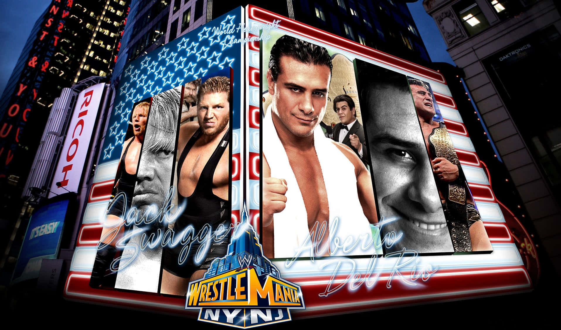 摔角明星Jack Swagger和Alberto Del Rio出現在夜晚時代廣場的巨型廣告牌上。